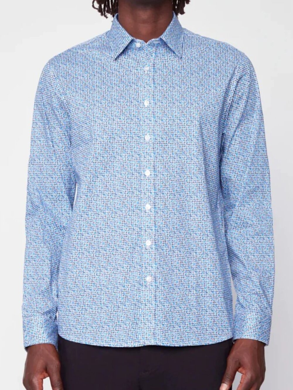 Projek Raw Blue Houndstooth Print Long Sleeve Stretch Button Up Shirt